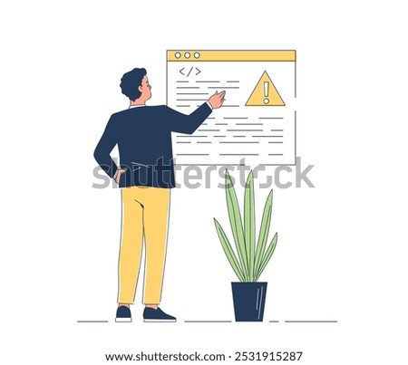 Software bug tracking. Programmer and IT specialist looks for errors in code of program or application. Programming and software development. Linear vector illustration isolated on white background