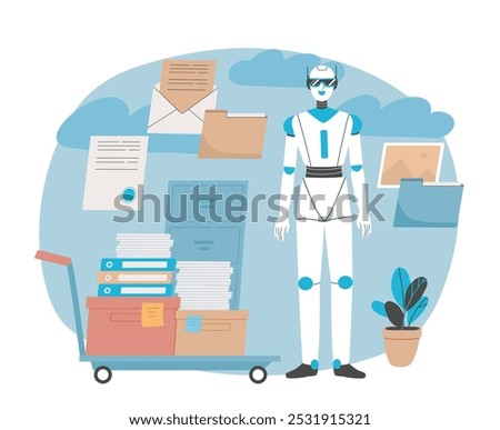 Robot works in archive. Artificial intelligence near folders with files. AI bot near archives and storage with documents. Modern technologies and innovations. Flat vector illustration