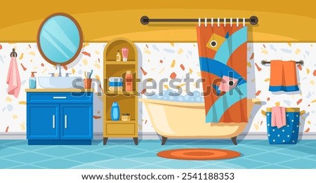 Baby bathroom Interior. Colorful banner with bath furniture, bathtub, washbasin and hygiene products. Washing and cleansing body. Interior design. Cartoon flat vector illustration