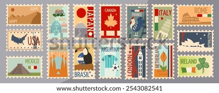 Set of colorful vector illustrations of international travel stamps featuring iconic landmarks and symbols from various countries, perfect for travel-themed designs, postcards, and souvenirs