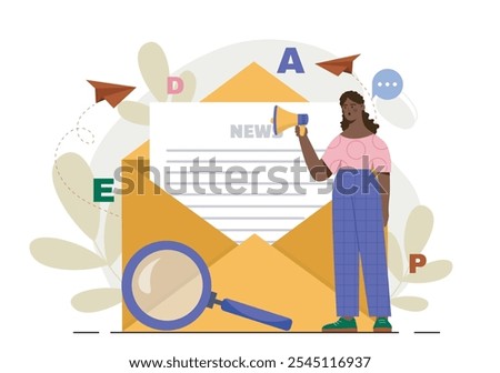 Woman with email newsletter. Young girl with loudspeaker and magnifying glass near open envelope. Person with electronic mail. Marketing and internet promotion. Flat vector illustration