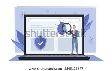 Man with computer virus. Young guy with magnifying glass studies bug on laptop screen. Danger on Internet. Computer safety and security. Flat vector illustration isolated on white background