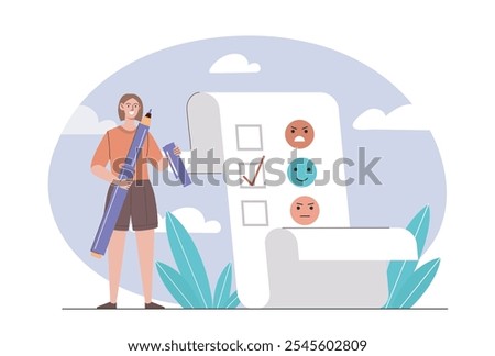 Woman choose emotion. Young girl with pen near list with emoji. User satisfaction indicator. Anger, neutrality and happiness. Flat vector illustration isolated on white background