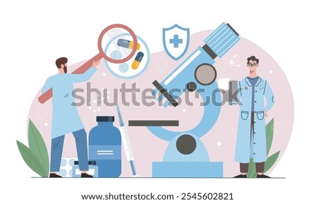 Doctors research medicine. Men in medical uniform near microscope and magnifying glass. Scientific experiment in laboratory. Chemists develop drugs in lab. Flat vector illustration