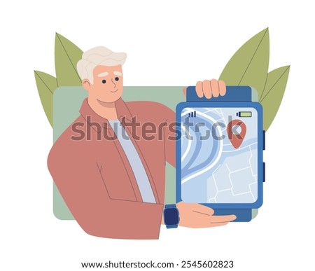 Man with map at watch. Young guy with smartwatch. Modern gadget and device. Navigation and geolocation, GPS pin at map. Flat vector illustration isolated on white background