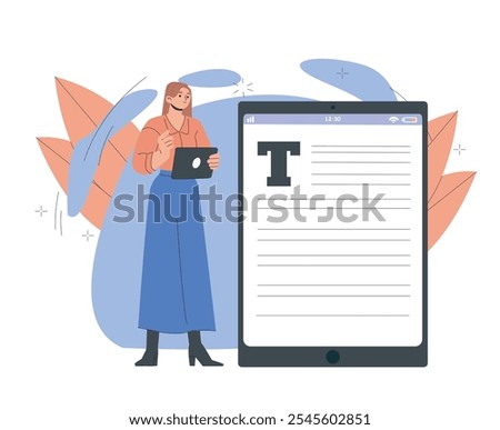 Woman with electronic book. Young girl with tablet and smartphone read ebook. Love for reading and literature. Online bookstore. Flat vector illustration isolated on white background