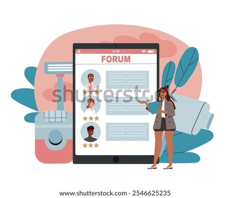 Woman with depilation forum. Young girl with messages at website. Natural cosmetics for hair reoval. Beauty procedures and treatment. Flat vector illustration isolated on white background