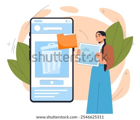 Woman deleting files. Young girl with picture and folder near trash can. Storage management at gadget or device. Communication in social networks. Flat vector illustration isolated on white background