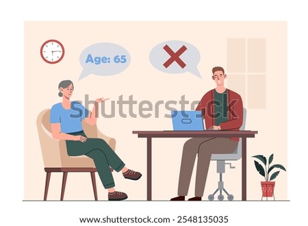 Old woman searching job. Elderly woman at job interview. Stop ageism and discrimination. Hiring and recruiting, employment. Flat vector illustration isolated on white background