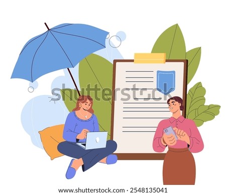 People with insurance document. Financial transactions, protection of life and private property. Safety and security. Deal and contract. Flat vector illustration isolated on white background