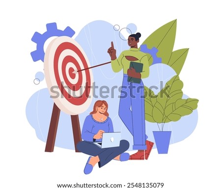 Business team hitting target. Two women near bullseye. Collaboration and cooperation, partnership. Partners work at common project and task. Flat vector illustration isolated on white background