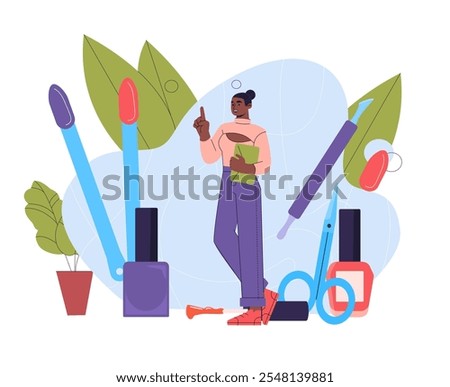 Woman with nail business. Young girl with nail file, scissors and polish. Beauty treatments, aesthetics and elegance. Cosmetics and makeup. Flat vector illustration isolated on white background