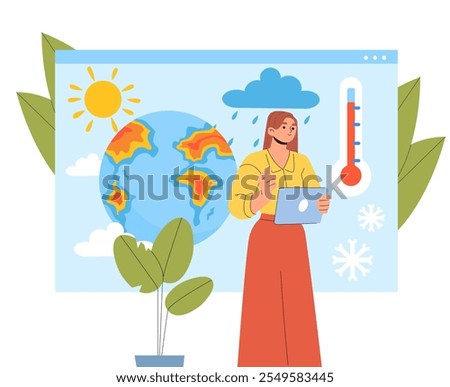 Woman weather forecast. Young girl with tablet stands near map of globe. Meteorological TV show host. Meteorologist with weather forecast. Flat vector illustration isolated on white background