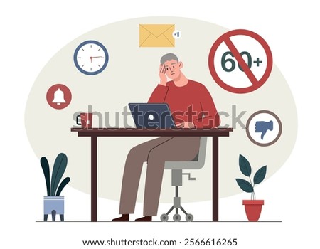 Discrimination job search. Elderly man with laptop looking for vacancy. Applicant too old. Stop age discrimination. Lack of career opportunities for retirees. Flat vector illustration