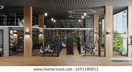 Modern gym interior with sport and fitness equipment and panoramic windows, fitness center inteior, inteior workout gym, 3d rendering