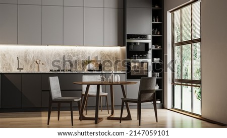 Modern kitchen interior with dinning area and window, 3d rendering Imagine de stoc © 