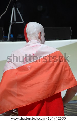 WROCLAW, POLAND - JUNE 8: Unidentified male with painted head for Euro 2012 football on June 8, 2012 in Wroclaw. The EURO 2012 will be held from June 8 - July 1, 2012 hosted by Poland and Ukrain