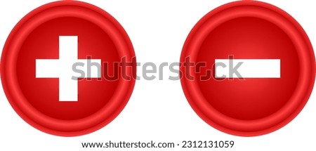 set of web design buttons with plus, minus, cross symbols. Buttons made of imitation rubber. red buttons. Medical symbol