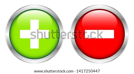 Set Of Two Silver Framed Buttons Plus And Minus Green And Red
