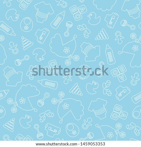 Seamless Pattern Baby Icons Boy Outline Blue And White