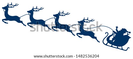 Dark Blue Christmas Sleigh Santa And Four Flying Reindeers