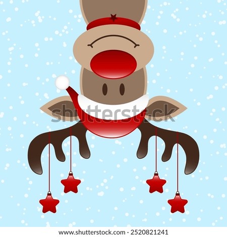 Reindeer Upside Down With Hanging Stars On Antlers Snow Blue Dark Red