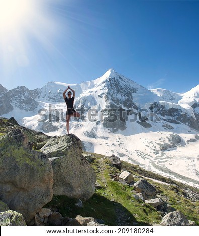 ilhouette of Outdoor Yoga, Young Woman in Tree Pose