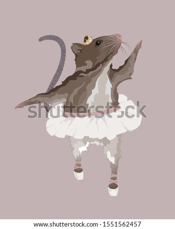 Mouse dancer. Rat ballerina. Cute mice girl wearing pointe shoes, tiara and tutu skirt. 