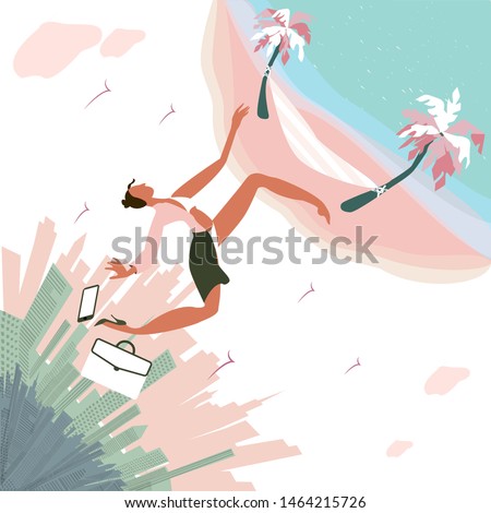 Woman left her work in metropolis for vacation in the seaside. Flat cartoon colorful vector illustration for travel agency advertising, relaxation courses, train or flight tickets davertising. Stok fotoğraf © 