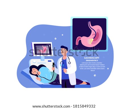 Doctor Gastroenterologists,Gastroscopy Researching,Curing Patient Stomach Ache.Diagnostics,Gastric Catheter.Abdominal Clinic Consultation Medical Hospital.Digital Service,Treatment.Vector Illustration Foto stock © 