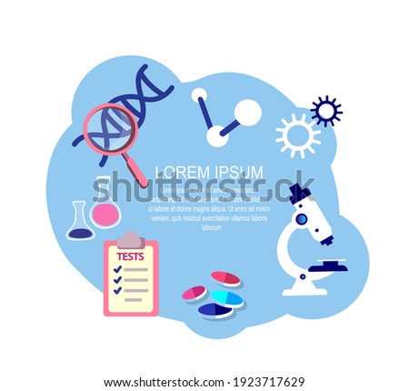 Set of Biohacking Scientific concept scheme. Medical components, Observation, Pharmaceuticals Invents, Molecule, Atom, Microscope, flask, Tests, Gene, DNA, Vitamins, Tablets. Flat vector illustration