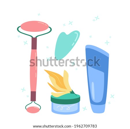 Cream and Lotion bottles with natural cosmetics,Facial Massager Roller and guache scraper.Essence organic serum for body care.Herbal extracts in transparent container.Flat Vector Illustration isolated Foto stock © 
