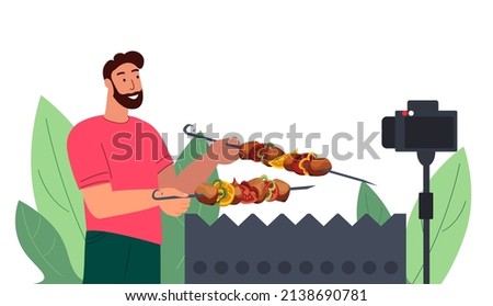Male Character Cooking Shashlik on Fire BBQ outdoor in Garden.Barbecue grill meat Tutorial,Video Blog,Man Food Blogger Tells How to Cook on Brazier.Chef Vlogger Shows Recipe.Flat Vector Illustration