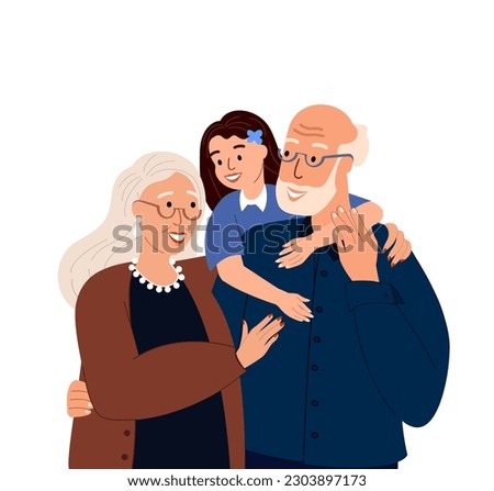 Smiling Grandparents and grandchild spend time together,care of girl,child.Grandmom hug granddad and happy kid portrait.Warm hugs,supporting family.Flat vector illustration isolated,white background