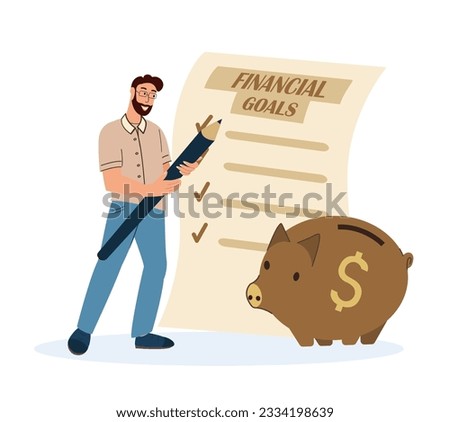 Confident Smiling Man Writing financial goals on Huge Paper List.Financial Prosperity Concept,Money Box Deductions,Money Savings,Wealthy Stable Life.Flat Vector Illustration isolated,white background
