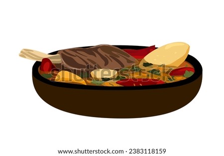 Khashlama with lamb or veal meat and rich broth.Soup with veal,potato,tomatoes.Tasty meat meal of Georgian,Armenian traditional cuisine isolated, white background.Hot dish in bowl.Vector illustration