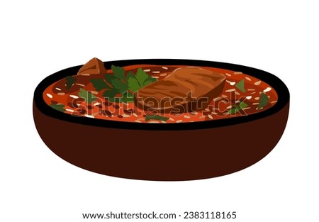 Spicy thick Kharcho with rich broth.Soup with veal,rice,tomatoes. Tasty meat meal of Georgian traditional cuisine isolated, white background.Delicious hot dish in bowl.Colorful realistic illustration.