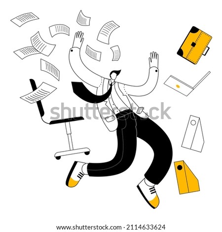 A manl in a business suit is flying among office supplies and papers. Vector illustration in contour style on the theme of work in the office.