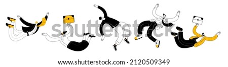 Various levitating people. A set of vector flying characters in contour style.