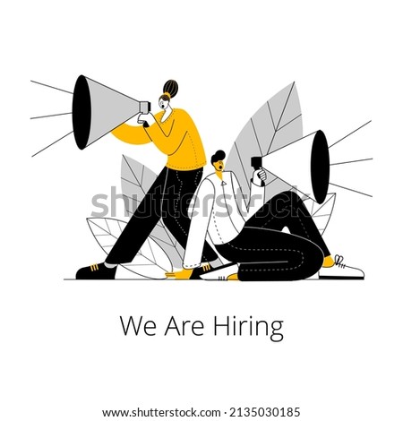 A man and a woman are shouting through megaphones. Vector illustration in outline style on the topic of attracting attention and recruiting.