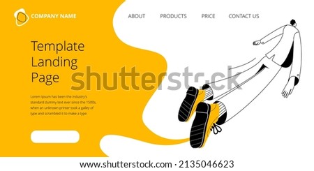 A man in a business suit flies away into the distance. Vector two-color illustration on the topic of leaving business. The template of the first screen for the landing page.