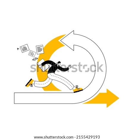 A man with a laptop runs along the arrow. Vector illustration on the topic of agile methodology.