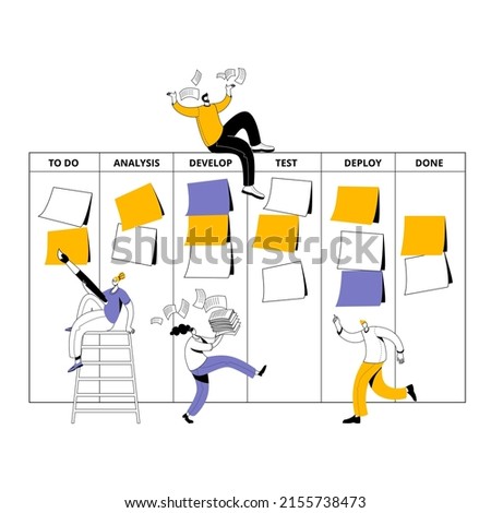 The development team is bustling around the kanban board. Vector illustration on the topic of agile methodology in the work.