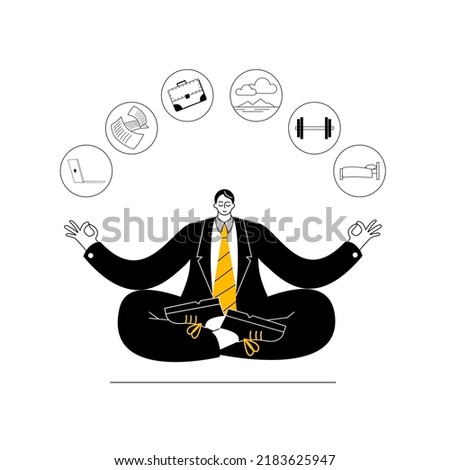 A man in business clothes meditates in the lotus position. Vector two-color illustration on the theme of relaxation and balance in life.