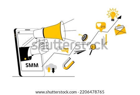 A mobile phone with a hand sticking out of it with a megaphone and an arrow with elements of social media marketing. Vector illustration on the topic of promotion in social networks.