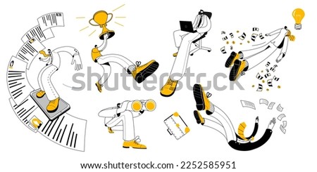 Businessmen in business suits fly off into the distance, surf, sit with a laptop, fall. A set of vector business illustrations in a linear style.