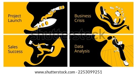 A businessman with a telescope flies on a rocket, falls off the arrow, runs merrily and sits thoughtfully on an office chair. A set of horizontal banner templates in the business theme.