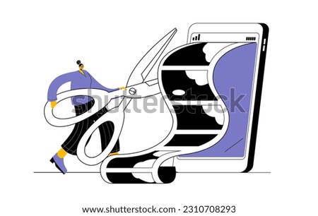 A woman with scissors cuts a film from a video shot on a phone. Vector illustration on the topic of creating videos for social networks.