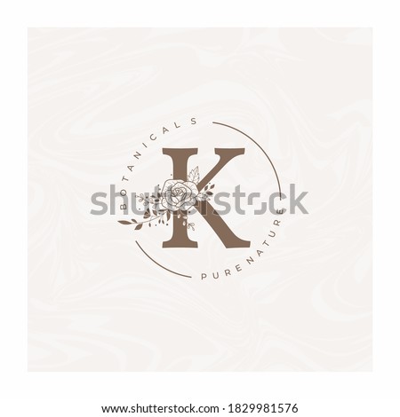 Letter K Botanical Flowers . Initial Wedding Monogram Font Logo. Circle Floral Rose Logo