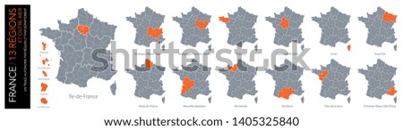 Map of 13 French regions and 5 overseas regions (included: limit of departments)
